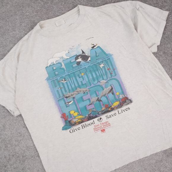 VTG 90s Ocean Whales Orcas Give Blood XL Gray Short Sleeve T-Shirt - Picture 7 of 9